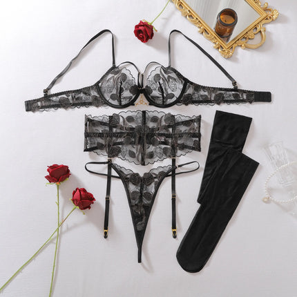 Premium Women's Lingerie Sets Sexy Floral Embroidered Bra Belt Thong Stockings Tempted RingsRomantic Women's Seductive Intimates