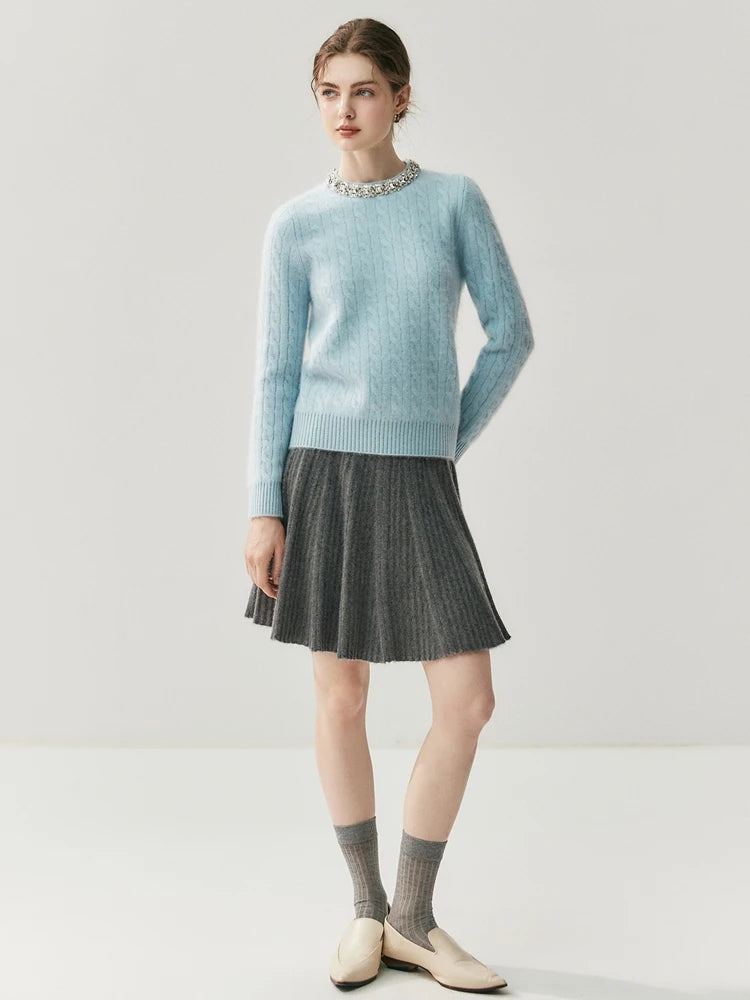 CHICUU Women's A-line Pleated Skirt 100% Cashmere Knit Mini Skirt Autumn Winter Preppy Style Above Knee Skirt Cashmere Knitwear PlatiNum