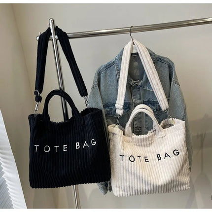 Large Capacity Striped Velvet Handbag Shoulder Bag for Woman Handbags Crossbody Bags, Versatile Letter Corduroy Women's Tote Bag PlatiNum