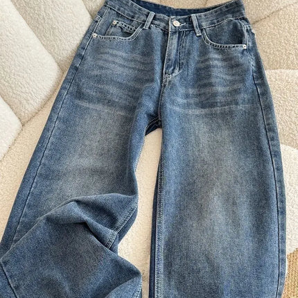 Jeans in denim a vita alta a gamba larga stile street americano con ricamo a stella, nuovo design da donna, pantaloni lunghi dritti e larghi