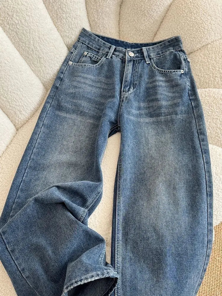 Jeans in denim a vita alta a gamba larga stile street americano con ricamo a stella, nuovo design da donna, pantaloni lunghi dritti e larghi