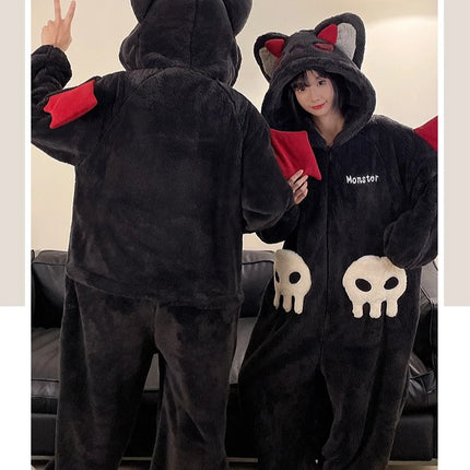 Cartoon Devil Pajamas Couples Women Men Onesie Sleepwear Winter Thicken Hooded Loungewear Coral Fleece Homewear Pijama Disfraz