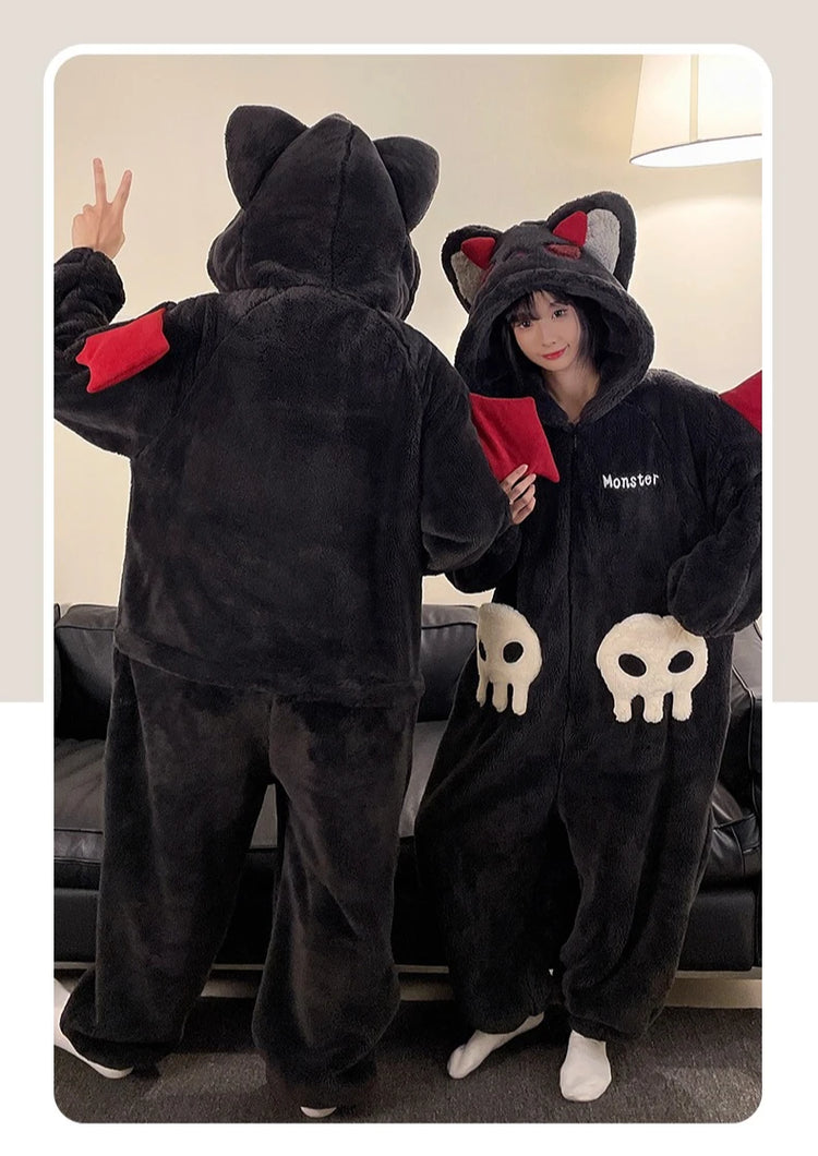 Cartoon Devil Pajamas Couples Women Men Onesie Sleepwear Winter Thicken Hooded Loungewear Coral Fleece Homewear Pijama Disfraz