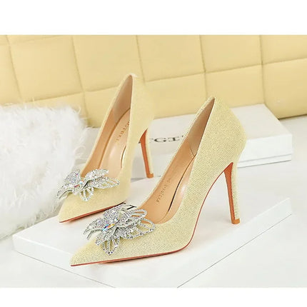 NUOVE Décolleté da donna con strass Tacchi alti a farfalla 10 CM Tacchi a spillo da donna in pelle scamosciata Scarpe da banchetto di lusso Scarpe da sposa di moda