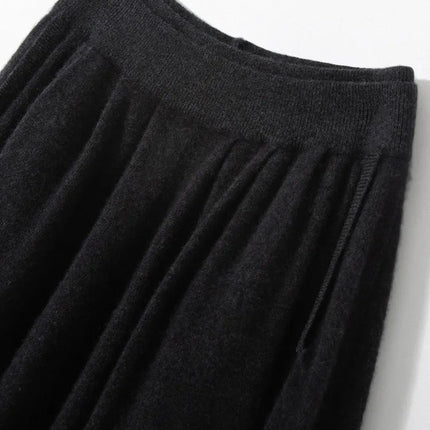 Classic Autumn Winter Wave Skirt 100% Cashmere Skirt Women A-Line Skirt Female Double Elastic Waist Pocket Warm Knit Long Dress PlatiNum