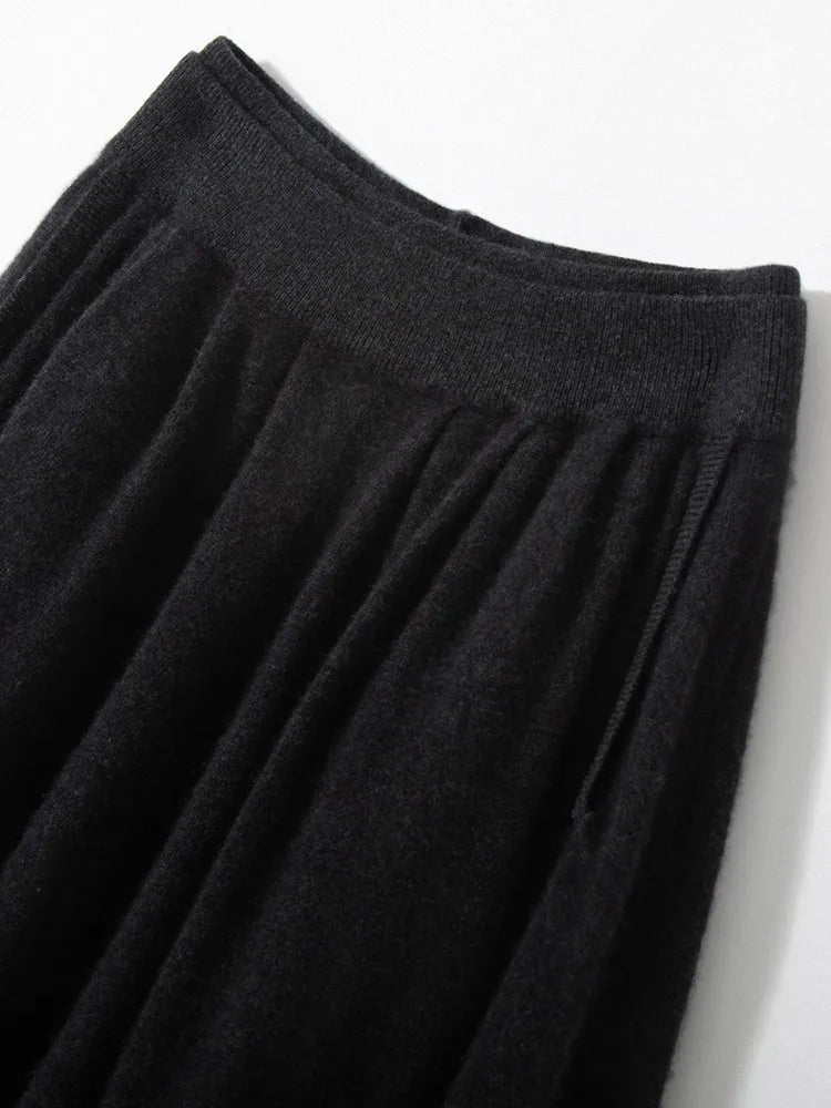 Classic Autumn Winter Wave Skirt 100% Cashmere Skirt Women A-Line Skirt Female Double Elastic Waist Pocket Warm Knit Long Dress PlatiNum