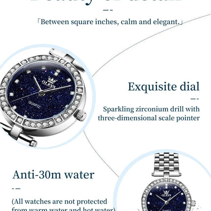OLEVS 3641 Elegante orologio al quarzo da donna impermeabile Quadrante stellato luminoso in acciaio inossidabile con confezione regalo - Accessorio alla moda da donna platinumshop