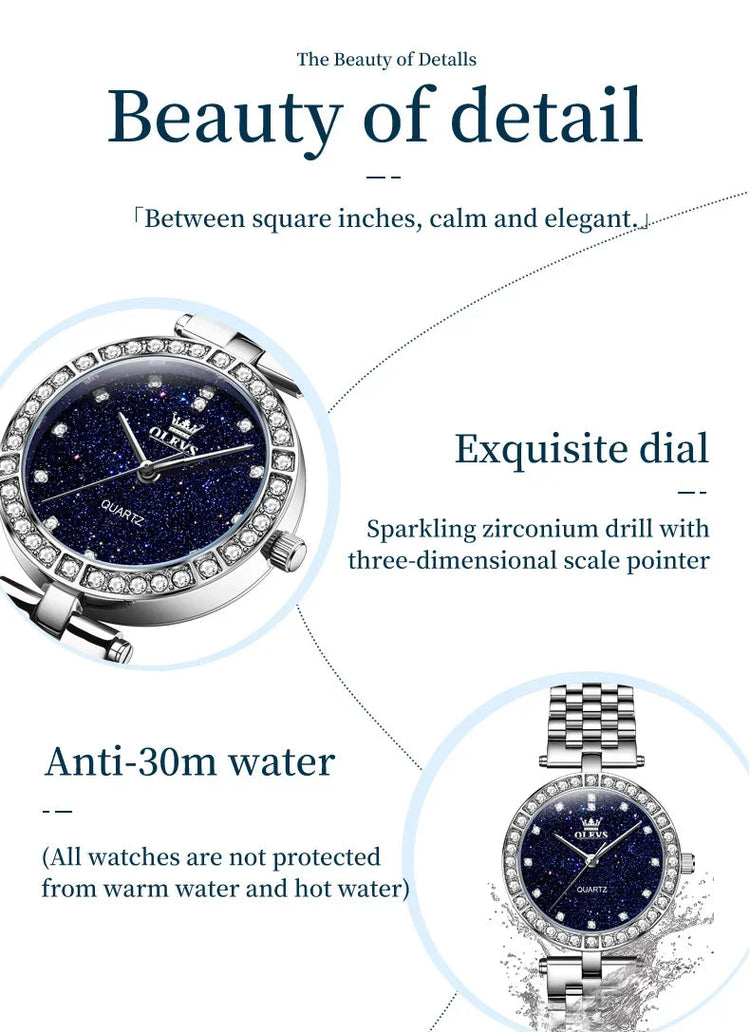 OLEVS 3641 Elegante orologio al quarzo da donna impermeabile Quadrante stellato luminoso in acciaio inossidabile con confezione regalo - Accessorio alla moda da donna platinumshop