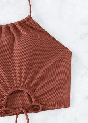 Bikini sexy a vita alta con lacci, set due pezzi da donna, costume da bagno sdoppiato, bikini da spiaggia, nuovo, per tutte le stagioni, tinta unita, senza schienale PlatiNum