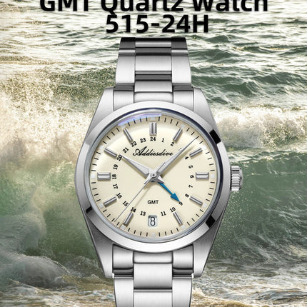 ADDIESDIVE 36mm Stainless Steel GMT Quartz Watch Bubble Mirror Pot Cover Glass 10ATM Dive Luminous Simple Watches For Men