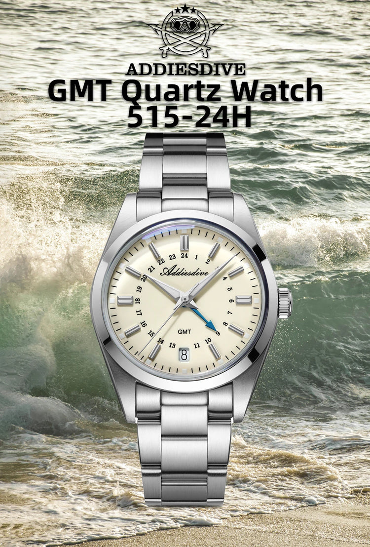 ADDIESDIVE 36mm Stainless Steel GMT Quartz Watch Bubble Mirror Pot Cover Glass 10ATM Dive Luminous Simple Watches For Men