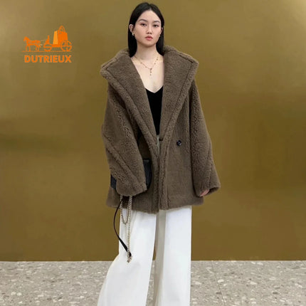 New Winter Women's Short Teddy Jacket,62% Alpaca Wool 26% Sheep Wool 12% Silk, Fashionable and Elegant Thick Warm Coat for Women