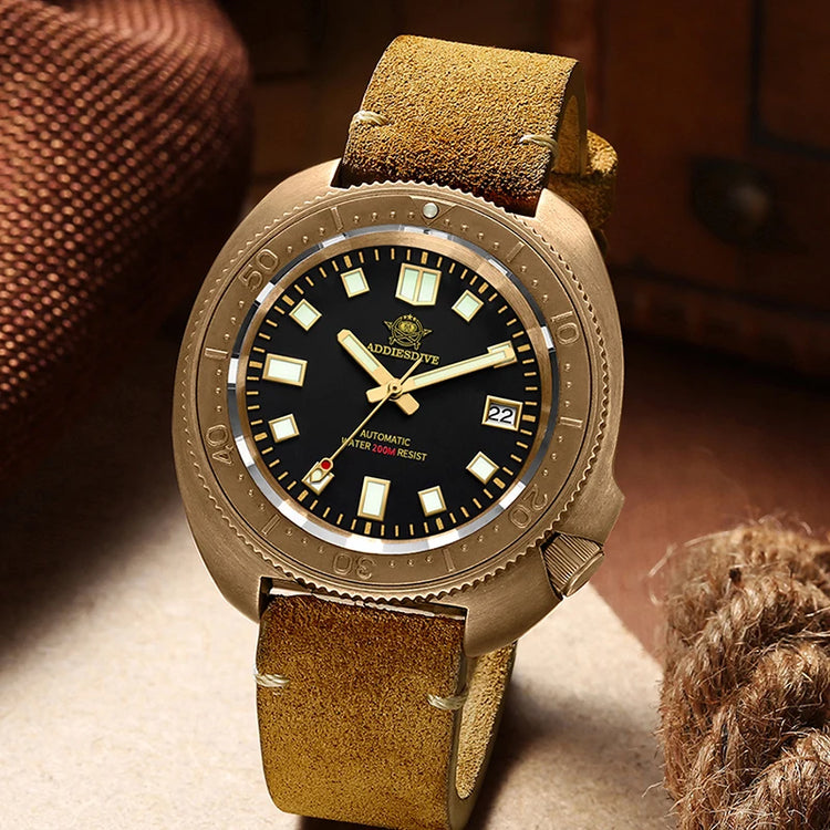 ADDIESDIVE CUSN8 Bronze Watch Men Automatic Wristwatch Calendar Sapphire Glass Luminous 20Bar Waterproof Diving Mechanical Watch