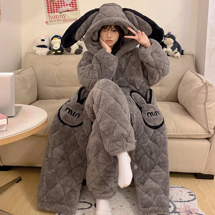 Women Winter Thickened Fleece Bathrobe Can Be Worn Outside Girls Student Hoodie Loose Pajama Two-piece Set Lady Warm Loungewear