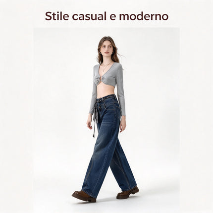 Women’s High-Waisted, Wide-Leg, Curved-Fit Jeans with Matching Scarf Belt Included, Vintage-Wash Blue Denim with Diagonal Stitching, Casual Retro-Style Trousers for Everyday Wear  FX-5380-1