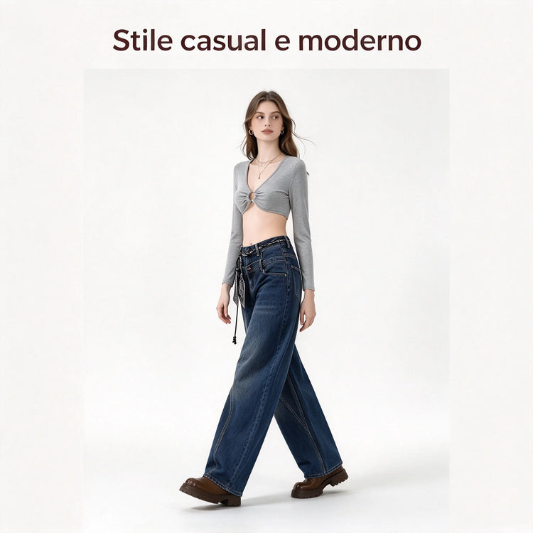 Women’s High-Waisted, Wide-Leg, Curved-Fit Jeans with Matching Scarf Belt Included, Vintage-Wash Blue Denim with Diagonal Stitching, Casual Retro-Style Trousers for Everyday Wear  FX-5380-1