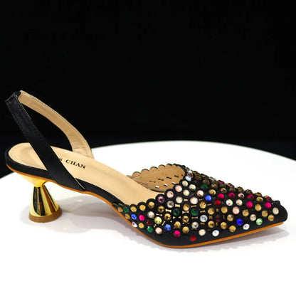 Venus Chan Pointed Toe Heels for Women 2023 Elegant Party Wine Color Full Diamond Pumps Italian Shoes and Bags Matching Set