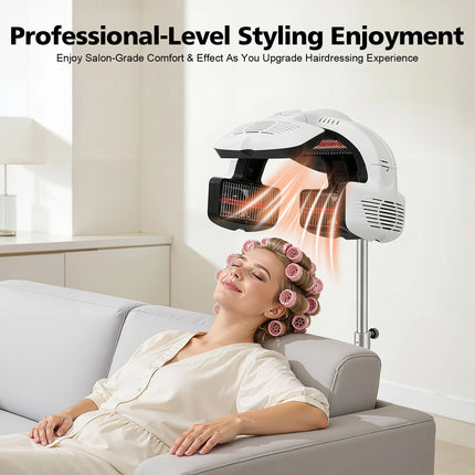 Professional Salon Hair Dryer for Perms (1500W), Freestanding Quartz Heating Styling Hood with LCD Display & Adjustable Height, Rolling Stand Perm Machine for Spa & Home Use