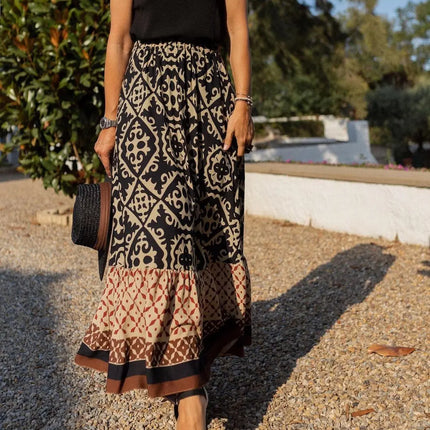 Gonna ampia stampata con elastico in vita da donna, gonna midi boho con inserti, adatta per la spiaggia e l'uso quotidiano