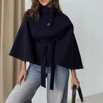 Women's Elegant Midi Cape Coat with Stand Collar Three Quarter Flared Sleeves Solid Color Belted Loose Fit Poncho For Woman