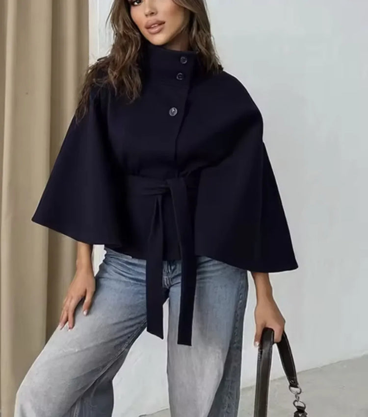 Women's Elegant Midi Cape Coat with Stand Collar Three Quarter Flared Sleeves Solid Color Belted Loose Fit Poncho For Woman