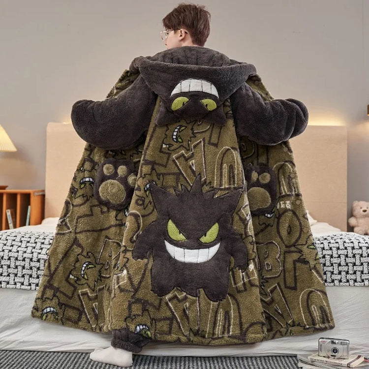 Men's Anime Themed Winter Coral Fleece Thickened Fluffy Plus-Size Long Hooded Pajama Set