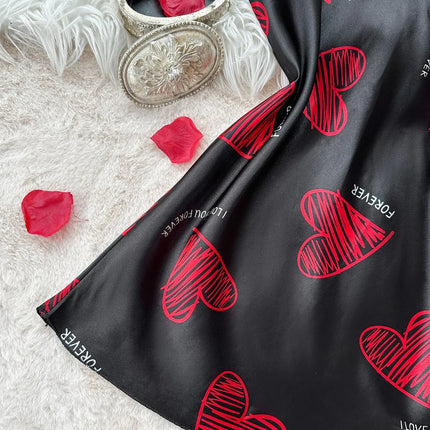 Camicia da notte sottoveste in raso con stampa labbra rosse per San Valentino, mini abito da notte senza schienale con scollo a V, abiti da notte da donna