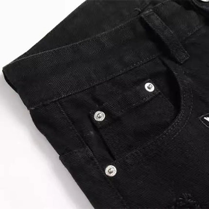 Autumn And Winter Retro Black Ripped Jeans Men'S Straight Leg Pants Pentagram Patch Casual Jeans Pants PlatiNum