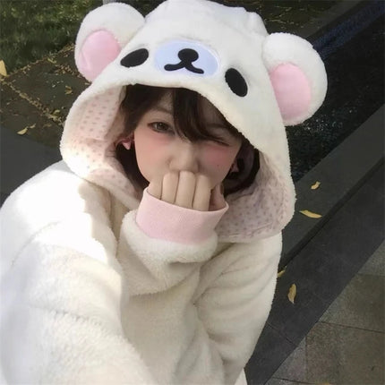 Cute Japan Bear Sleepwear Rilakkuma Y2K Hoodie Pajama Set Girls Fleece Lined Hooded Homewear Suit Autumn Winter Loungewear New
