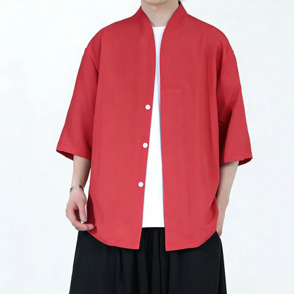 Camicie da uomo estive in lino di alta qualità, tinta unita, a maniche corte, stile cinese tradizionale, per Kung Fu e Tai Chi