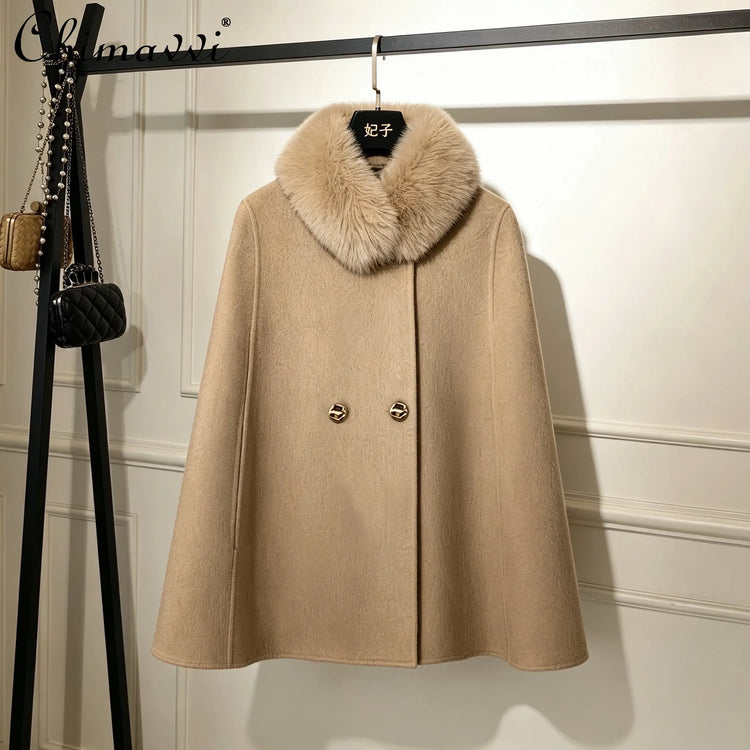 Korean Elegant Fashion Celebrity Woolen Cape Coats Women's Autumn Winter Plush Collar Double-breasted Versatile Wool Jacket Coat
