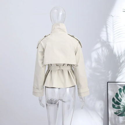 2026 Spring Women's Solid Lace Up Trench Coat Stand Collar Double Breasted Jacket Stylish New Lady Long Sleeve Outerwear Street