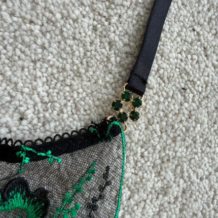 3Pcs Women Elegant Green Floral Embroidered Lace Lingerie Set Underwire Bra Garter Belt T‑back Panty Vintage Intimate Under wear