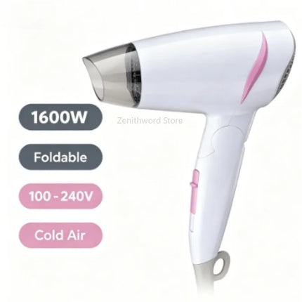 Compact Foldable Travel Blow Dryer 1600W Power 100‑240V Universal Voltage Cold Air Function Hanging Loop Design For Travel Household Hair Care