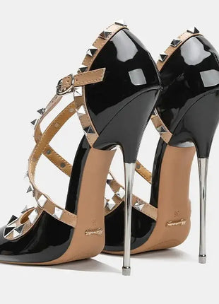 Sandali con tacco alto da donna con cinturino incrociato con rivetti Scarpe singole sexy con punta a punta per discoteca Modello di ospite di festa Passerella Cross Dressing platinumshop