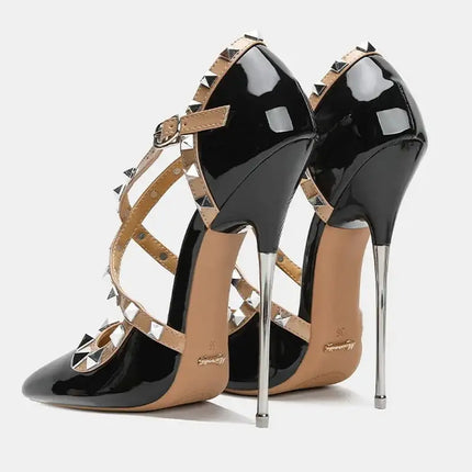 Sandali con tacco alto da donna con cinturino incrociato con rivetti Scarpe singole sexy con punta a punta per discoteca Modello di ospite di festa Passerella Cross Dressing platinumshop