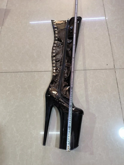 CACA 26cm Extreme High Heels Women Thigh High Boots,Fetish Platform Booties,Buckles Botas,Men Cosplay Shoes,Black,Red,Dropship