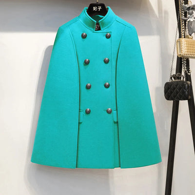 French Elegant Retro Hepburn Style Stand Collar Double-breasted Loose Temperament Commuter Woolen Jacket Cape Cloak Women Autumn