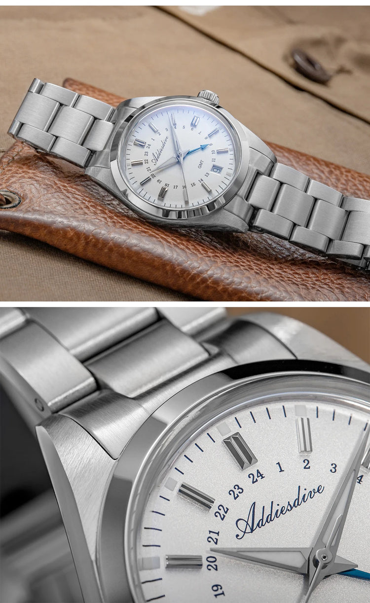 ADDIESDIVE 36mm Stainless Steel GMT Quartz Watch Bubble Mirror Pot Cover Glass 10ATM Dive Luminous Simple Watches For Men