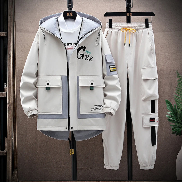 Casual Two-Piece Men's Sets 2026 Spring Autumn Loose Coats & Pant Tracksuits Outdoor Windproof Hooded Jacket And Jogger Clothing