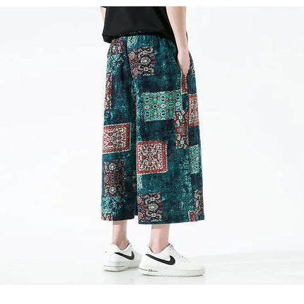 Pantaloncini da uomo estivi Stampa Pantaloni da spiaggia traspiranti a gamba larga Pantaloni larghi casual alla moda Vita elastica Comodi pantaloni al polpaccio da uomo