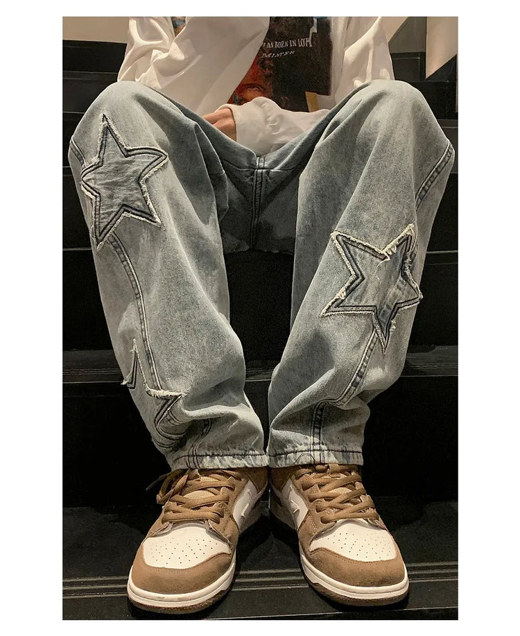 New Fashion Stella a cinque punte Jeans Uomo a vita alta Vintage Streetwear Pantaloni da uomo Baggy Inverno Jeans a gamba larga Denim Abbigliamento uomo