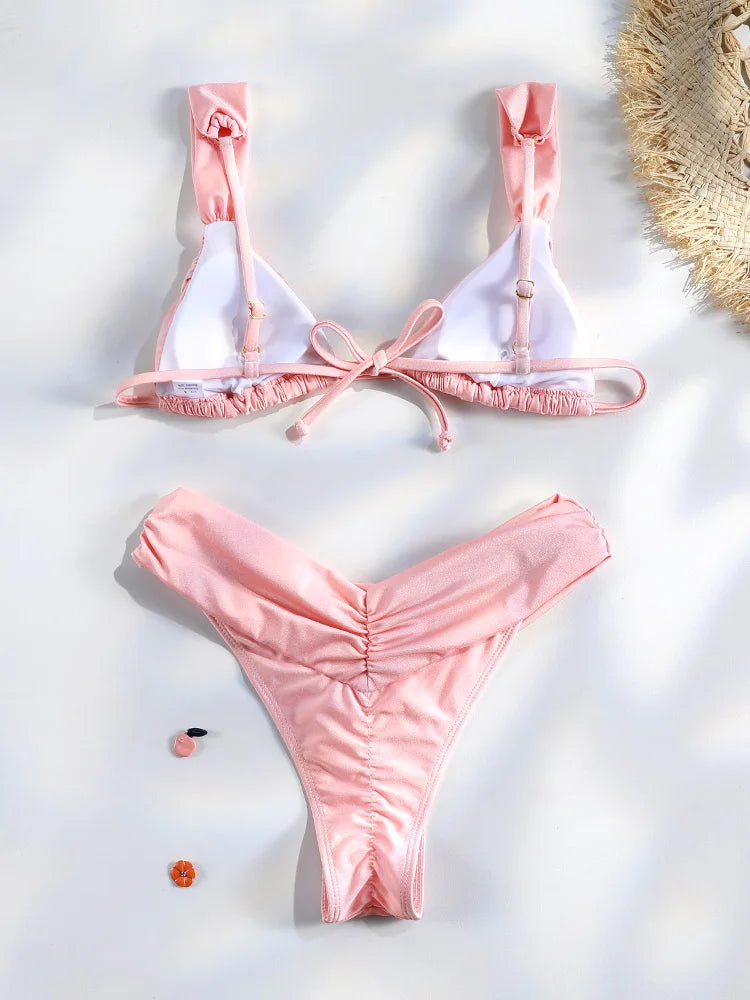 Costume da bagno bikini con pieghe sexy Micro bikini solido Costume da bagno donna Triangolo femminile Costume da bagno da spiaggia platinumshop