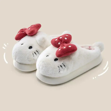 Hello Kitty Women Cute Cartoon Cat Plush Slippe Polka Dot Bow Fluffy Closed Back House Shoes Winter Warm Non Slip Soft Cozy