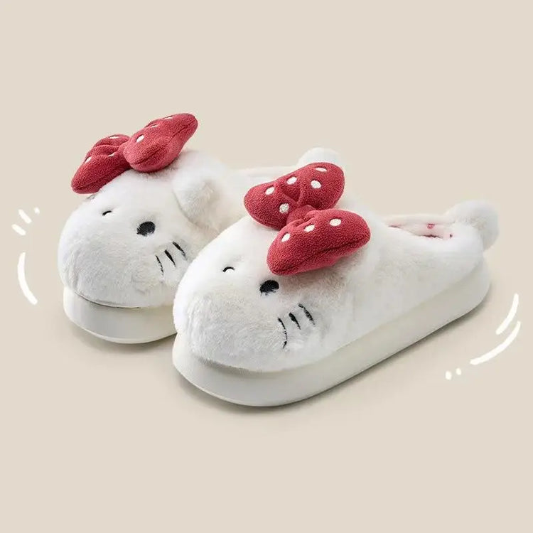 Hello Kitty Women Cute Cartoon Cat Plush Slippe Polka Dot Bow Fluffy Closed Back House Shoes Winter Warm Non Slip Soft Cozy