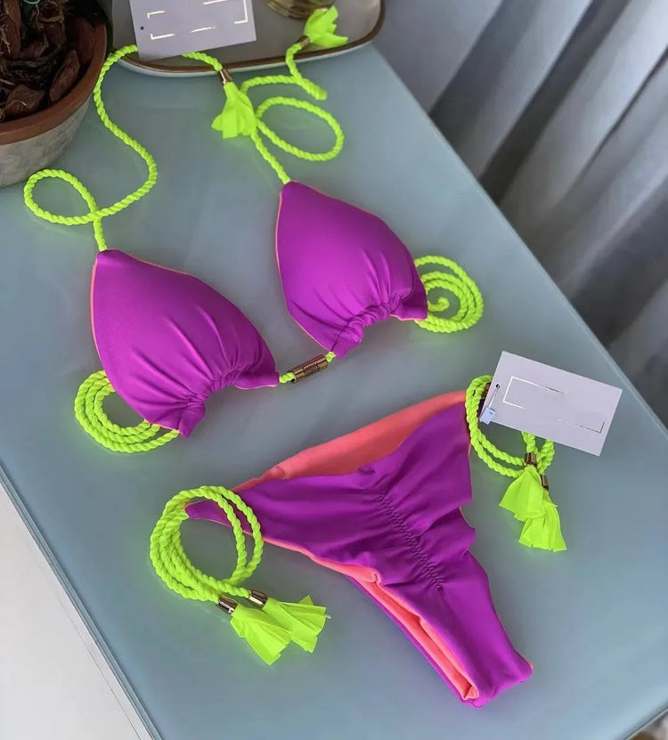 Nuovo Bikini da Donna Multicolore con Triangolo e Laccetti sulla Schiena platinumshop