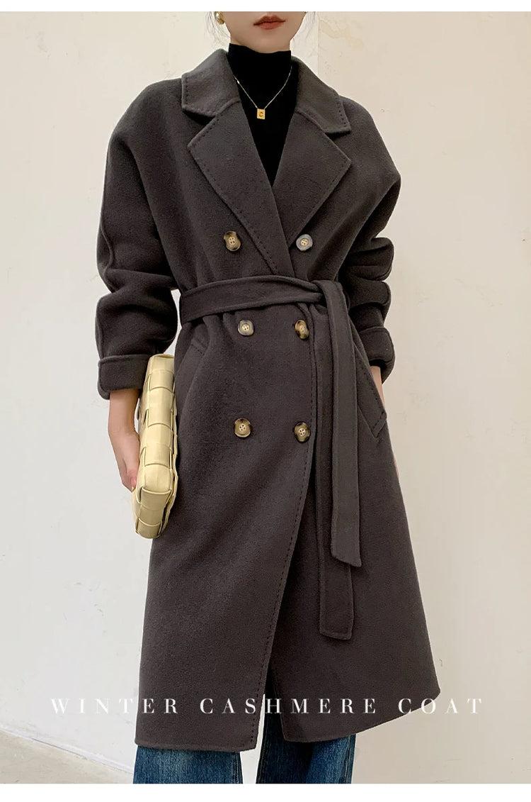 Ladies' 100% Cashmere Thick Double-Sided Extended Coat, Classic, Versatile and Fashionable for Business and Leisure