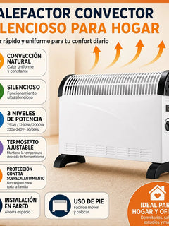 2000W Silent Electric Convector Radiator with 3 Power Levels, Adjustable Thermostat and Overheating Protection, Wall or Floor Heater for Home or Office