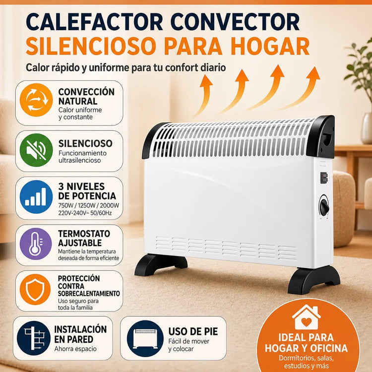 2000W Silent Electric Convector Radiator with 3 Power Levels, Adjustable Thermostat and Overheating Protection, Wall or Floor Heater for Home or Office