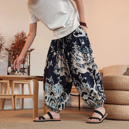 Vendite calde Pantaloni da uomo in cotone comodi pantaloni da spiaggia larghi stampa casual Harem elegante abbigliamento estivo pantaloni larghi giapponesi sottili